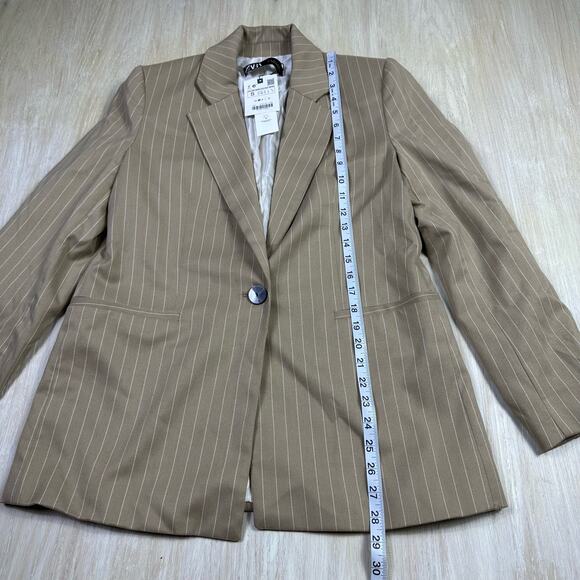 NWT Zara Beige Pin Stripe One Button Notch Lapel Trendy Chic Blazer Jacket Small - Picture 14 of 15
